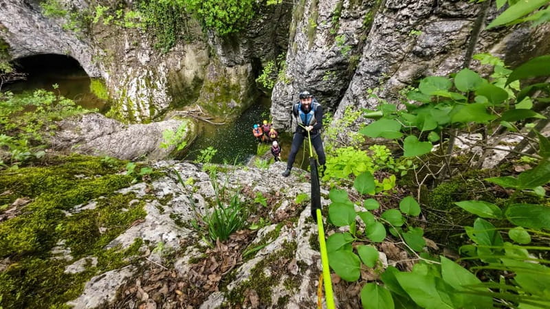 Emen: Canyoning at Negovanka Gorge w/ Optional Free Camping - The 14-meter Momin Skok rappel